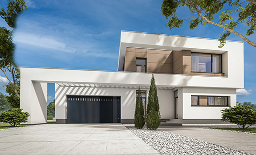Porte de garage Atlantide à refoulement latéral avec passage piéton réglable, adaptée aux grandes largeurs et aux configurations sur mesure.