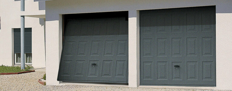 Porte de garage basculante DL économique avec portillon intégré, idéale pour sécuriser une habitation avec un accès piéton pratique.