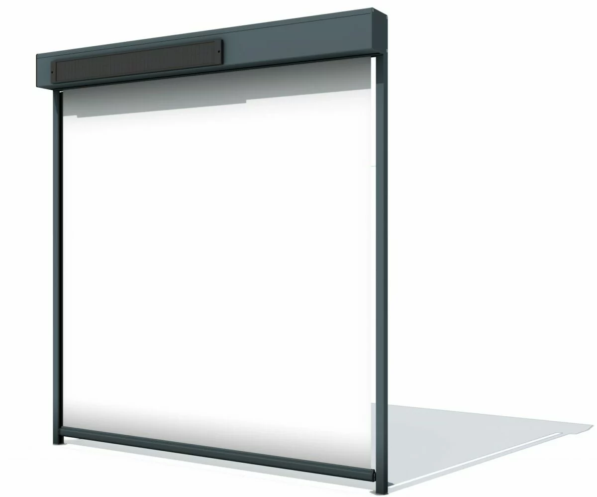 Store ZIP vertical autonome fonctionnant à l’énergie solaire pour protéger du soleil, améliorer le confort thermique et réduire la consommation électrique.